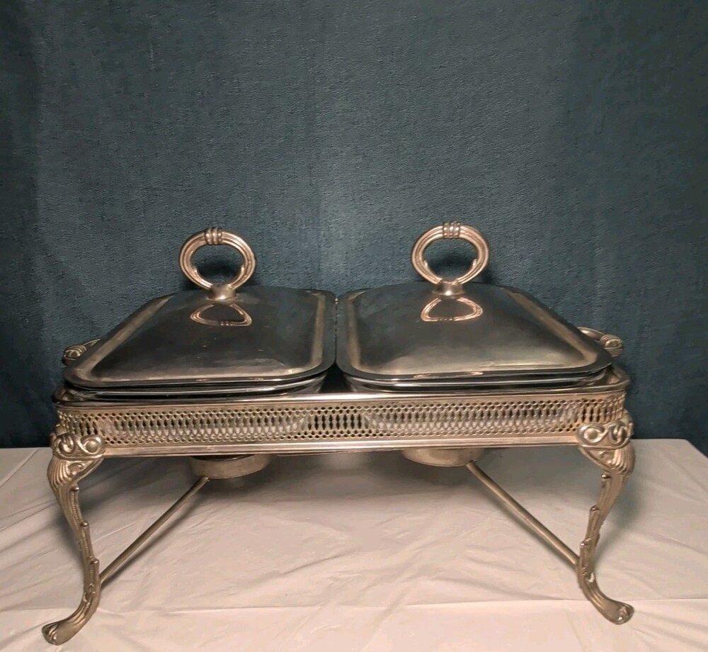 Silver Plated Double Chafer 8 Qt Buffet Server 2 Marinex Glass Pans Lion Feet